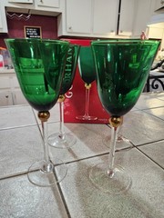 Gorham Touch Of Gold Ivy Set 4 Crystal Goblets Green Stem Glasses 811058