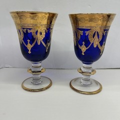 2 Cristallerie Italiane Cobalt Blue & Gold Medici Wine Glass Goblets (C)
