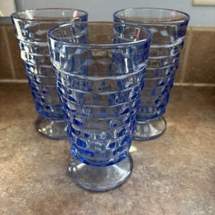 Vintage Indiana Whitehall Blue Cubist 6″ Glasses Tumblers Set of 3