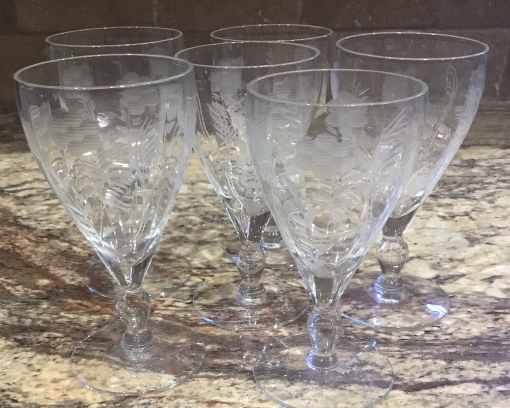 6 CRYSTAL GREY ETCHED ROSE N WHEAT OPTIC GLASS BULBOUS STEM 5 1/8”T UNUSED COND