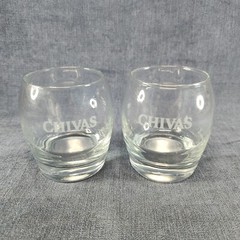 Pair Chivas Regal Scotch Whisky Etched Logo 10oz rocks glasses Line Optic u-3H