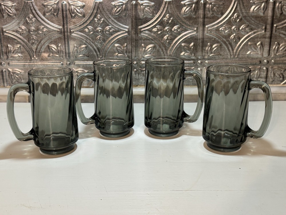 Set Of Four Vintage LIBBEY Optic Swirl Smoke Black Beer Mugs