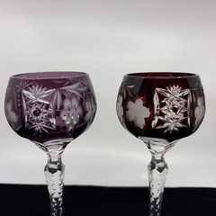 2 Ajka Marsala Tall Hock Wine Glasses Cut to Clear Ruby Red Amethyst 8″ Vintage