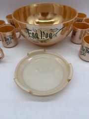 Vintage MCM Fire-King Ware Peach Luster Egg Nog 14 pc Set Bowl/Stand/12 Mugs