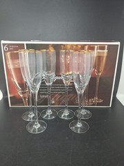 6 Mystique 8 oz. Champagne Flutes Etched Glass w/Gold Plated Rim MIB 10 in. Tall