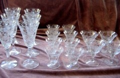 17 pieces TIFFIN ETCHED GLASS STEMWARE..6 WATER, 7 OYSTER/FRUIT, 4 SHERBET