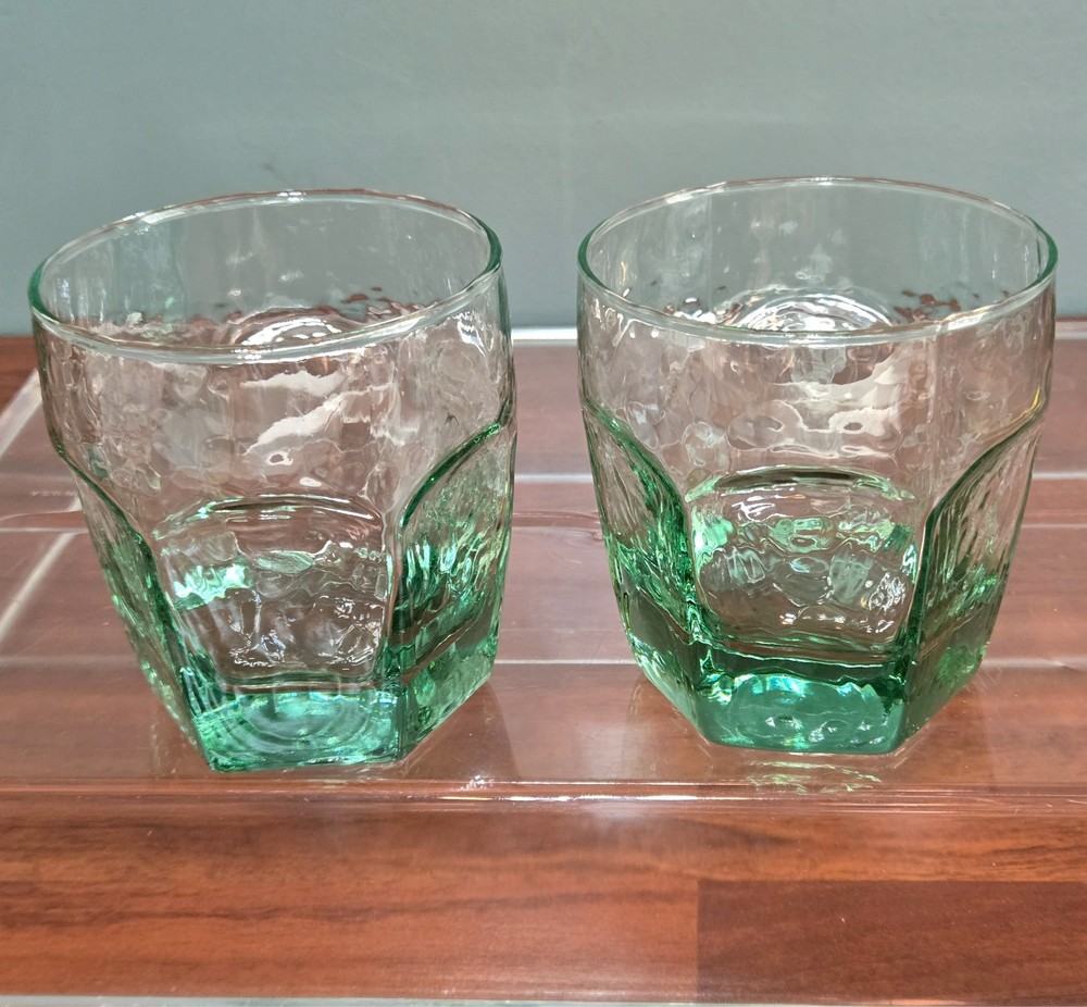 2 Vintage Libbey CHIVALRY Spanish Green Old Fashioned Rocks Textured Glasses