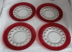 4 Tiffin Glass Ruby Red Kings Crown Luncheon Thumbprint Plates 8.25″