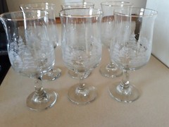 Lot 12 Arby’s PINES Lynn’s China etched water tumblers wine glasses gold rimmed