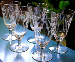 Vtg Set 5 Hand Cut Floral & Arch OPTIC DEPRESSION GLASS Iced Tea Goblets 6.25″