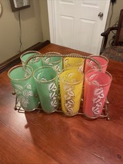 Vintage Tom Collin’s White Grapes Green, Yellow & Pink Frosted 8 Glasses/Carrier