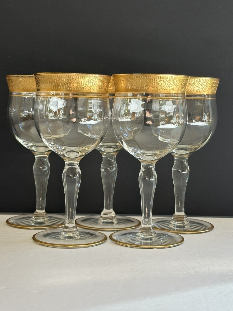 5 Ransgil Rambler Rose Optic Clear Cordial Wine Glasses 5.25″ Gold Rim