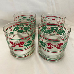 Set of 4 Clear Glass Rocks Glasses 8 oz Holly & Bow Christmas Holiday Decor