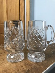 Pair of CUT CRYSTAL BEER MUG TANKARD STEIN Heavy Glasses 16 Oz