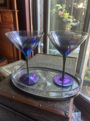 Vtg. 2 Martini Cocktail Glasses for Neiman Marcus Rainbow Iridescent 7.5”tall