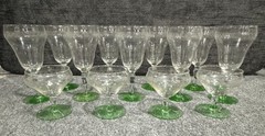 Vintage Etched Goblet Uranium Green Foot Set Of 13 Total- 9 Tall, 4 Short