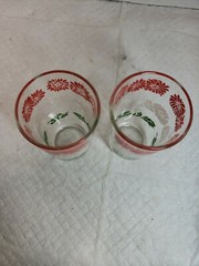 2 Small Juice Glasses Red White And Green Flowers