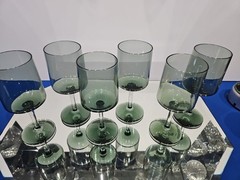 Set (6) Wine Glasses Goblets, Crystal Lenox Signed «Blue Smoke» Gray-blue-green
