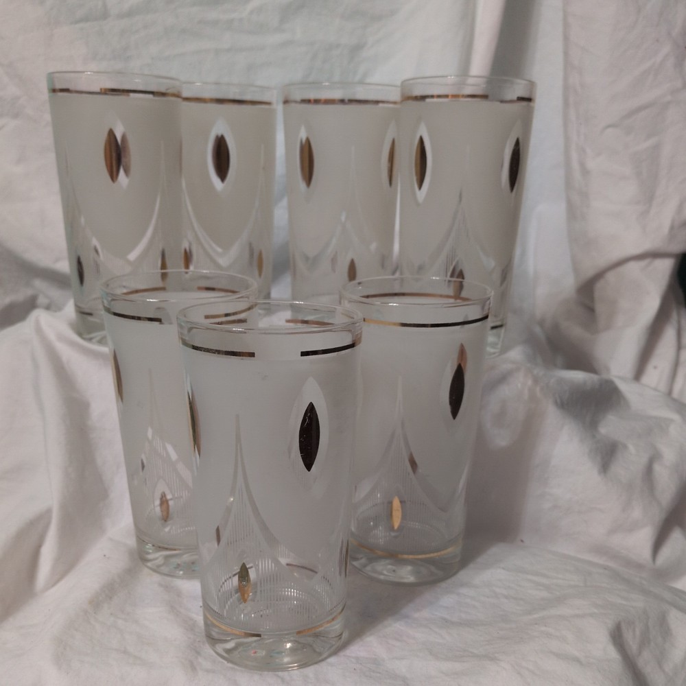 7 VTG Mid Century Modern Gold White Frosted Glasses Highball Tumblers
