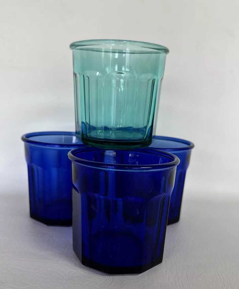 Vintage Lot Of 4 Luminarc Arcoroc 10 Panel Cobalt Blue Glass Tumbler 500 France