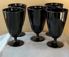 Set of 5 Black Amethyst Glass Pedestal Water Goblets. 5 3/8” Tall. Flashes Red!