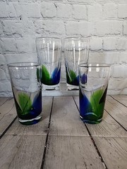 Hand-Blown Highball Glasses Gradient Ombre Blue Green 14 oz Set 4