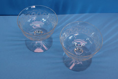 Vtg MC Greek Key Etched Low Sherbert Blown Glass Optic Stem 3.25″ Elegant x2