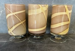 Vintage Art Glass Pitcher & 8 Footed Tumblers Brown Frosted Glass Ribbon Swirl D