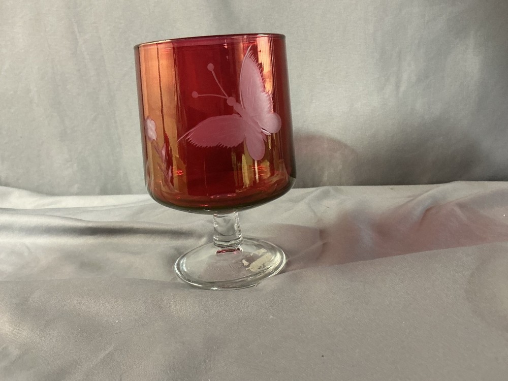 Vintage Bohemian Ruby Red Flash Etched Butterfly xlarge Goblet