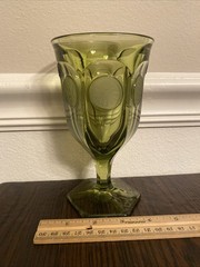 Vintage Fostoria Olive Green 1887 Coin Pattern #1372 Line Glass Goblet 6.5”