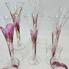 Romanian Hand Blown Glassware Set 6 Flutes 3 Tumblers Pink Gold Abstract