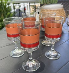 5 Vintage MCM Libbey Brandywine Stemmed Goblets Brown Maroon Gold Bands 8oz