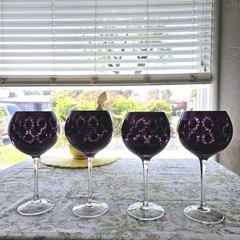 Set of 4 Electroplated Purple Mirror Etched Bubble Wine Goblets Barware 9″ x 3″