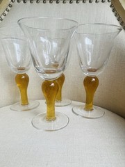 Lot of 4Vintage Large blown Glass flared wine goblets Amber bubble stem XL 14oz