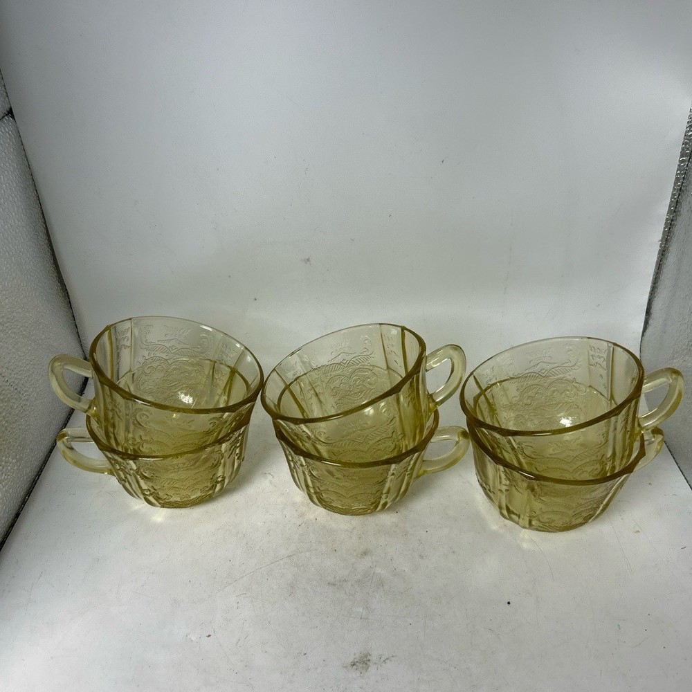Vintage Amber Yellow Tea Cups Embossed Floral Scroll Pattern Retro Collectible