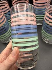 Vintage Striped Tumblers Glasses Pink Blue & Green Pastel 70’s 80’s Set Of 6 EUC