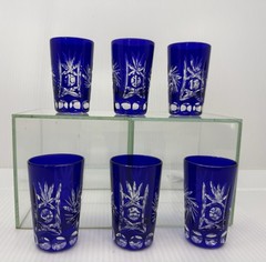 Vintage Bohemian Cobalt Blue Cut to Clear Crystal Cordial Glasses Set of 6 2.5”