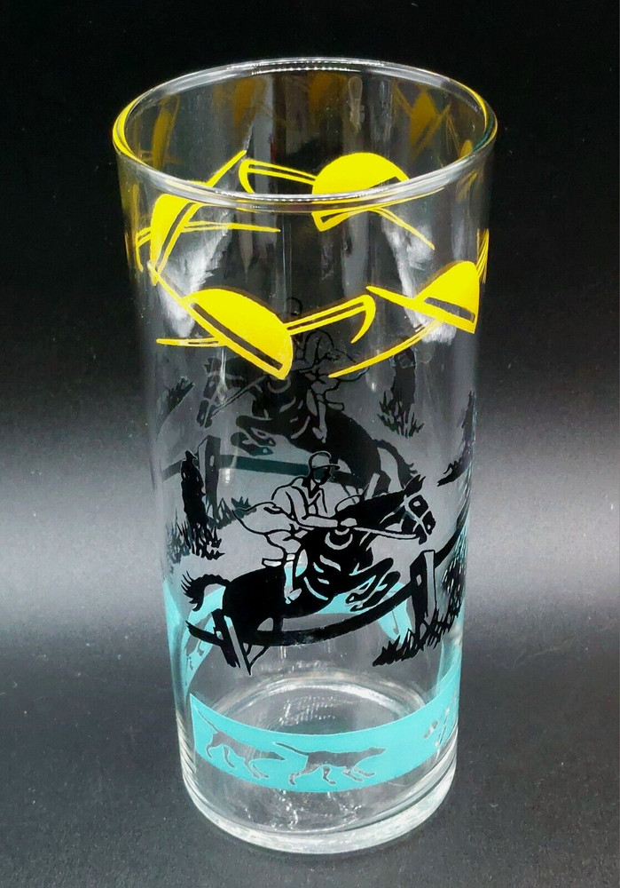 Vintage Federal Glass Equestrian Fox Hunt Highball 6″Bar Glass Blue Yellow Black