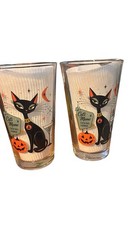 2- 16 oz Retro Halloween Black Cat Cocktail Glass, Heavy Pilsner Beer Glass