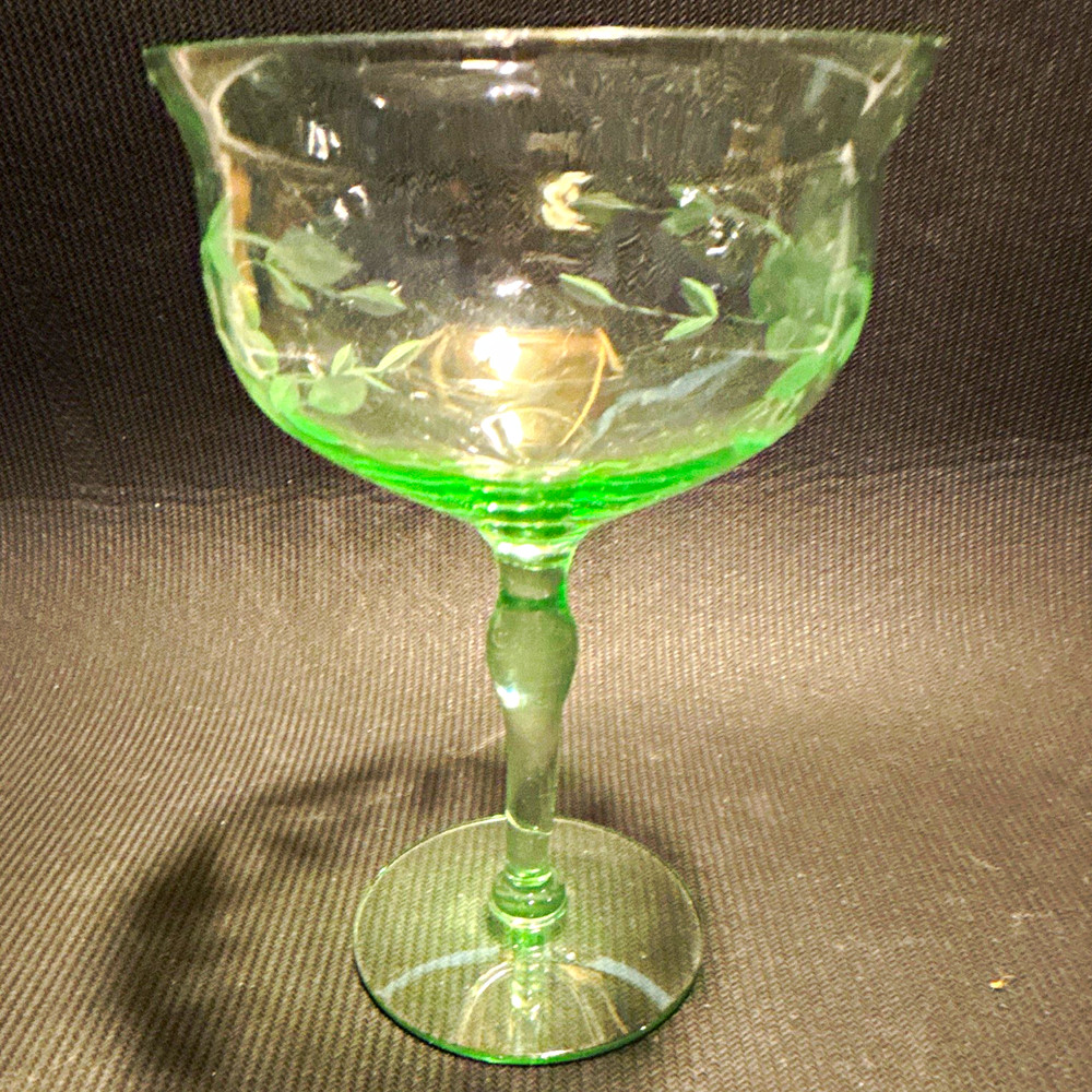 Unmarked Green Clear Etched Floral Cocktail Glass Stemmed Round Goblet
