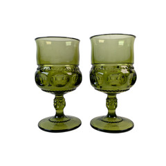 Vintage Indiana Glass Kings Crown Thumbprint Goblet Glasses Avocado Green Color