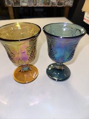 Vintage Indiana Glass Iridescent Blue And Amber Carnival Glass Grape Goblets