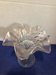 Vintage White Iridescent Carnival Glass -Question Mark-5” Compote By Dugan