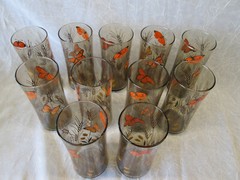 Set 11 Libbey Smoke Brown RETRO BUTTERFLIES 6.5″ tall Glasses Tumblers Butterfly