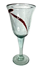 Mexican Hand Blown Art Glass Sea Green W/ Red Swirl Wine Water Goblet 16 oz 8.5″