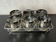 Vintage Roly Poly Bar Ware Heavy Silver Band Iridescent Set 6 Glasses Scroll