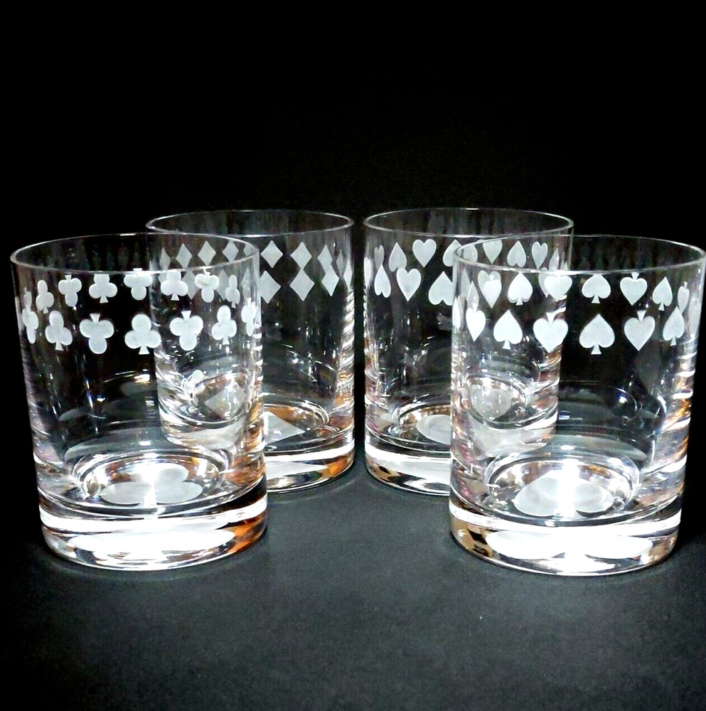 GODINGER BLACKJACK DOUBLE OLD FASHIONED GLASSES, Etched Lead Crystal, 12oz, 4PCS
