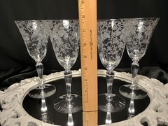4 Cambridge CHANTILLY Lacy Needle Etch Optic Water/Wine Glasses Goblets Set
