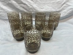 7 Vintage Libbey Prado Tawny Brown Raised Scroll Drinking Glasses Tumbler 5 1/2″
