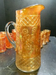 Vintage (9) Piece Dugan Carnival Glass Daisy Lattice Water Set Excellent Cond